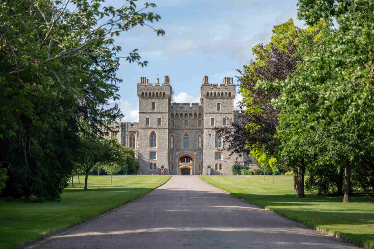 Stone castle with two towers and battlements at the end of a tree-lined driveway