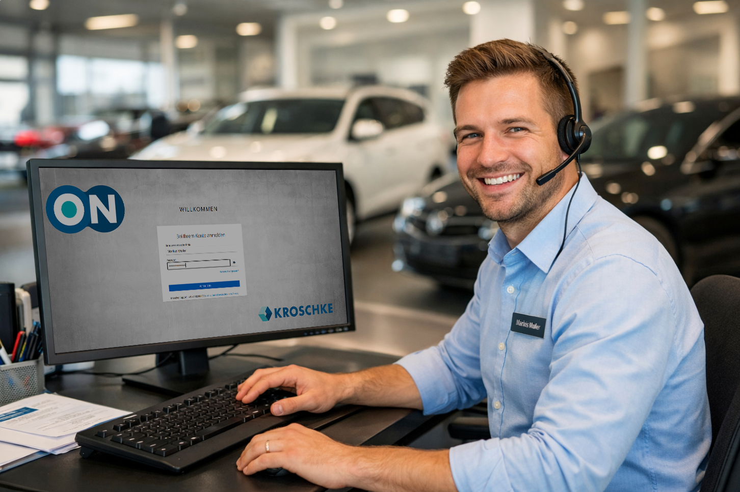 Ein Autohaus-Mitarbeiter von hinten am PC. Auf dem PC ist die Login-Maske der Kroschke Zulassungssoftware ON zu sehen.