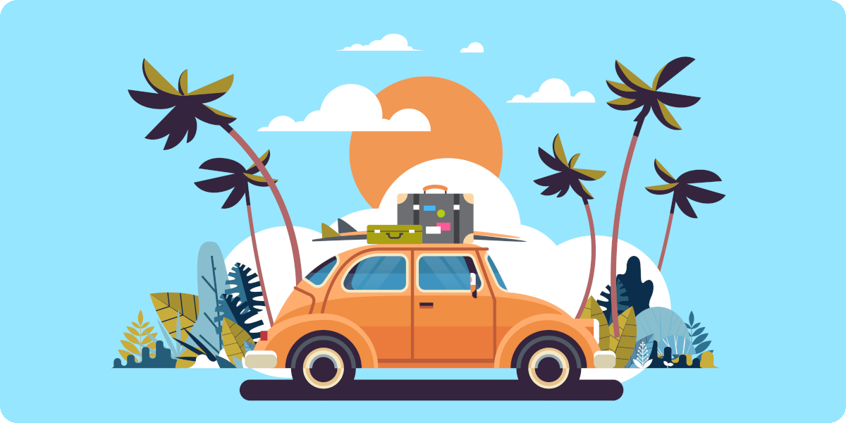 Illustration eines Autos mit Gepäck für den Urlaub auf dem Dach.