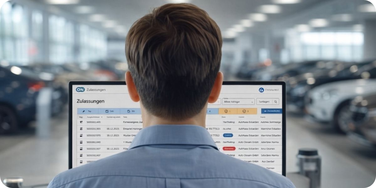 Ein Autohaus-Mitarbeiter von hinten am PC. Auf dem PC ist die Auftragsübersicht der Kroschke Zulassungssoftware ON zu sehen.