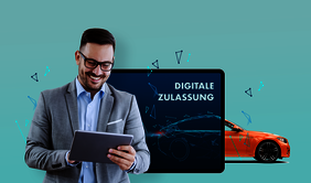 Autohändler bedient die digitale Zulassung am Tablet.