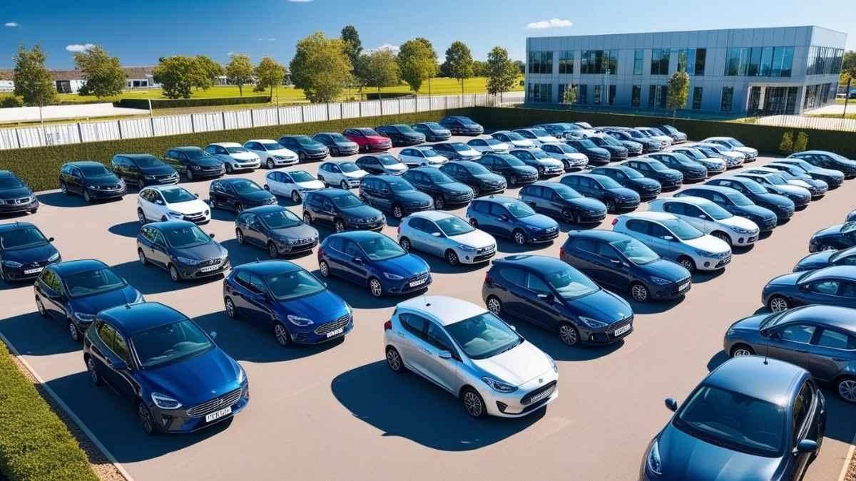 Ein Firmenhof voller Autos in Reih und Glied, dahinter ein modernes Firmengebäude
