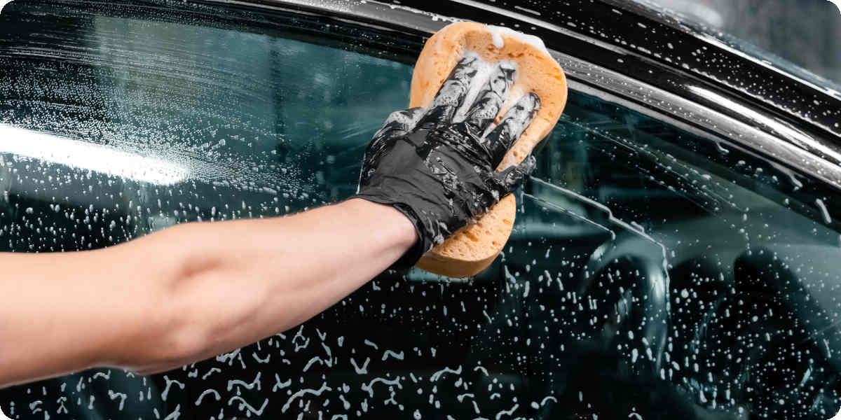 Ein Mann putzt die Fensterscheibe vom Auto mit einem gelben Schwamm.