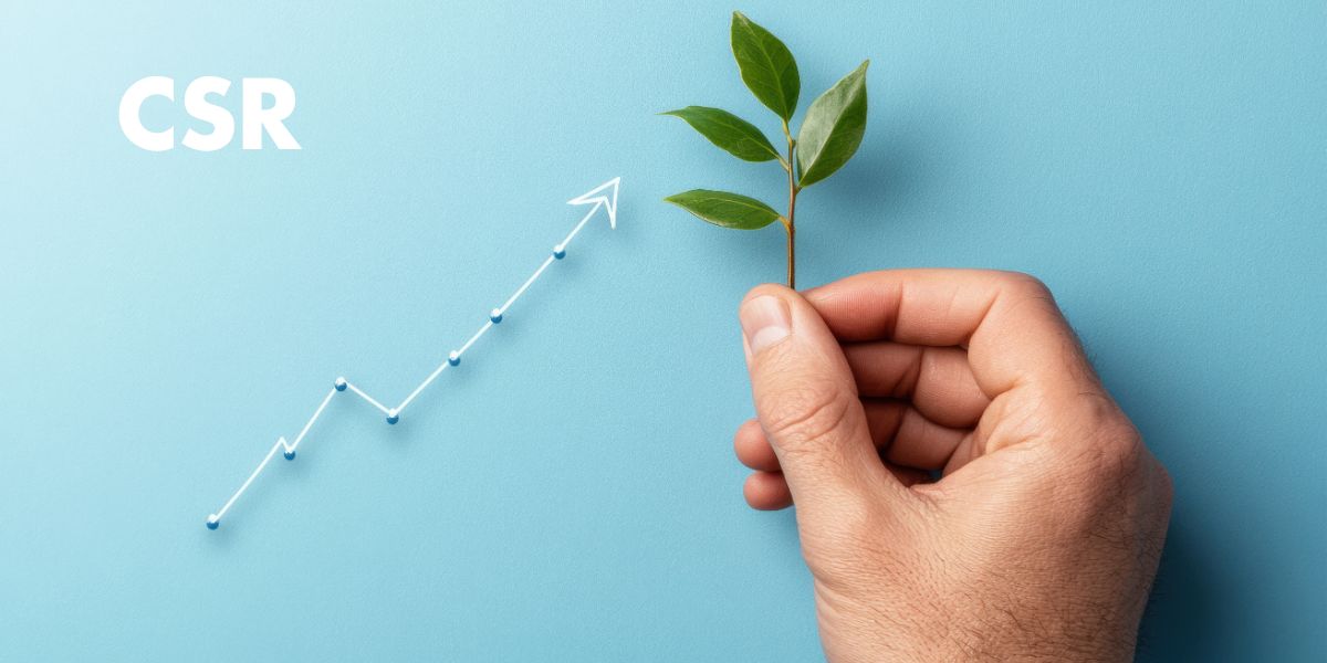 Symbolbild für Kroschkes Corporate Social Responsibility Strategie. Eine Hand, die eine grünes Blatt hält vor einem türkisen Hintergrund daneben eine angedeutete Bilanzkurve mit Tendenz nach oben, sowie die 3 weißen Buchstaben CSR..