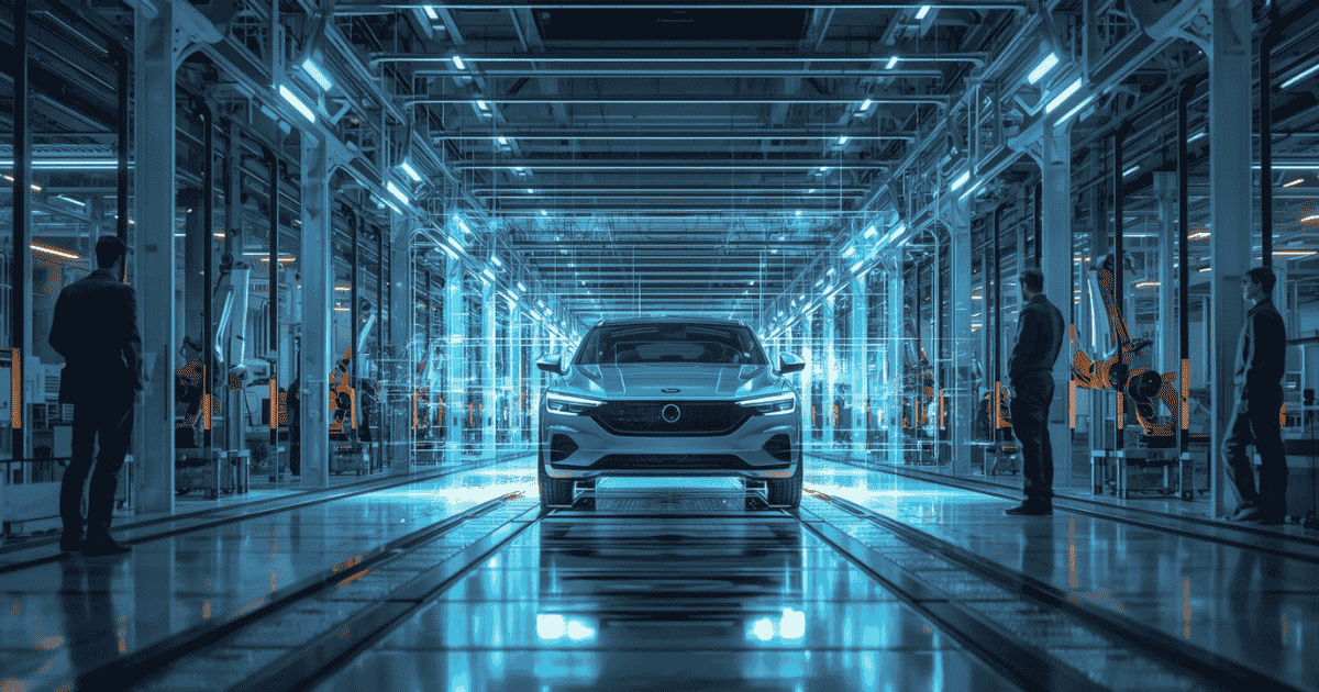 Modernes Automobilwerk mit weißem modernen Auto im Fokus: Hightech-Roboter, blaue Beleuchtung und Ingenieure zeigen die Zukunft der Fahrzeugproduktion. 