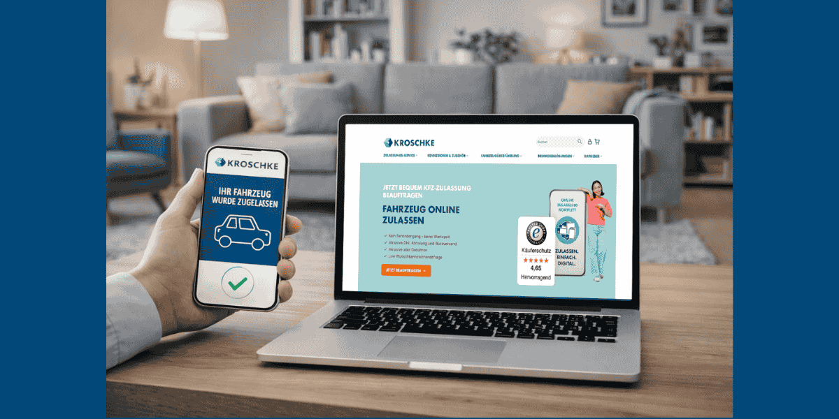 Im Vordergrund: Laptop, auf dem der Kroschke-Webshop geöffnet ist und eine Hand mit einem Smartphone, auf dessen Screen "Ihr Fahrzeug wurde zugelassen" steht. Im Hintergrund sieht man ein Wohnzimmer.
