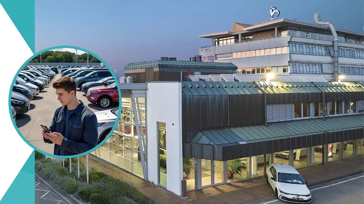Zu sehen ist das Gebäude der Zentrale der HAHN Gruppe, integriert ist ein weiteres rundes Bild, auf dem ein junger Mann vor mehreren Autos steht und ein Smartphone in der Hand hat.