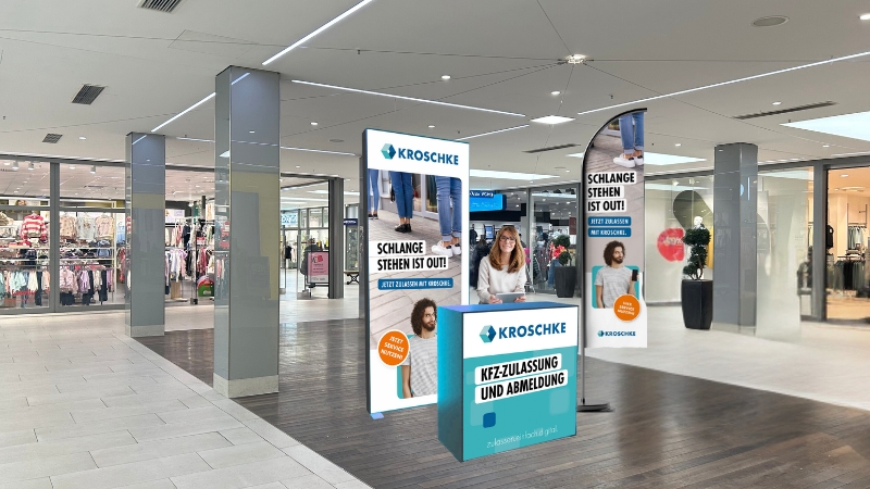 Die 3D Visualisierung eines Beispielstandes vor der Kulisse des TeckCenters von innen.