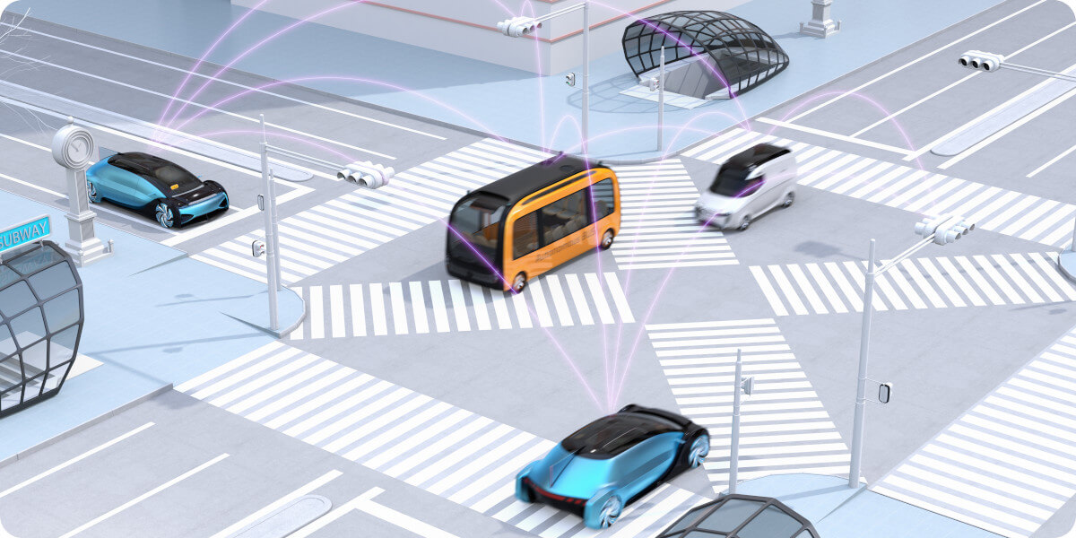 Abbildung eines Straßensystems mit autonomen Fahrzeugen.