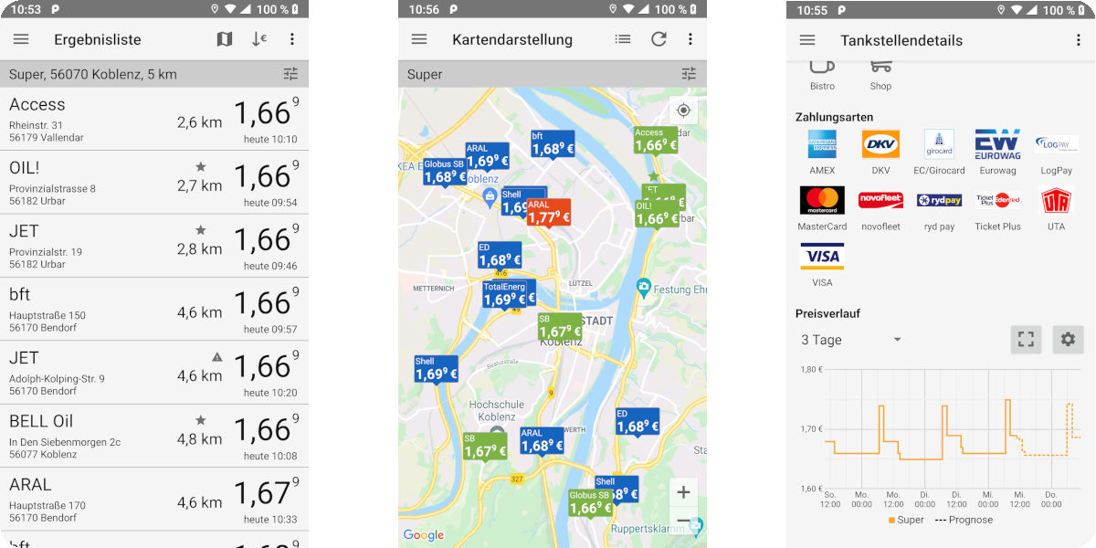 Benzinpreis-Blitz-App-Screenshots