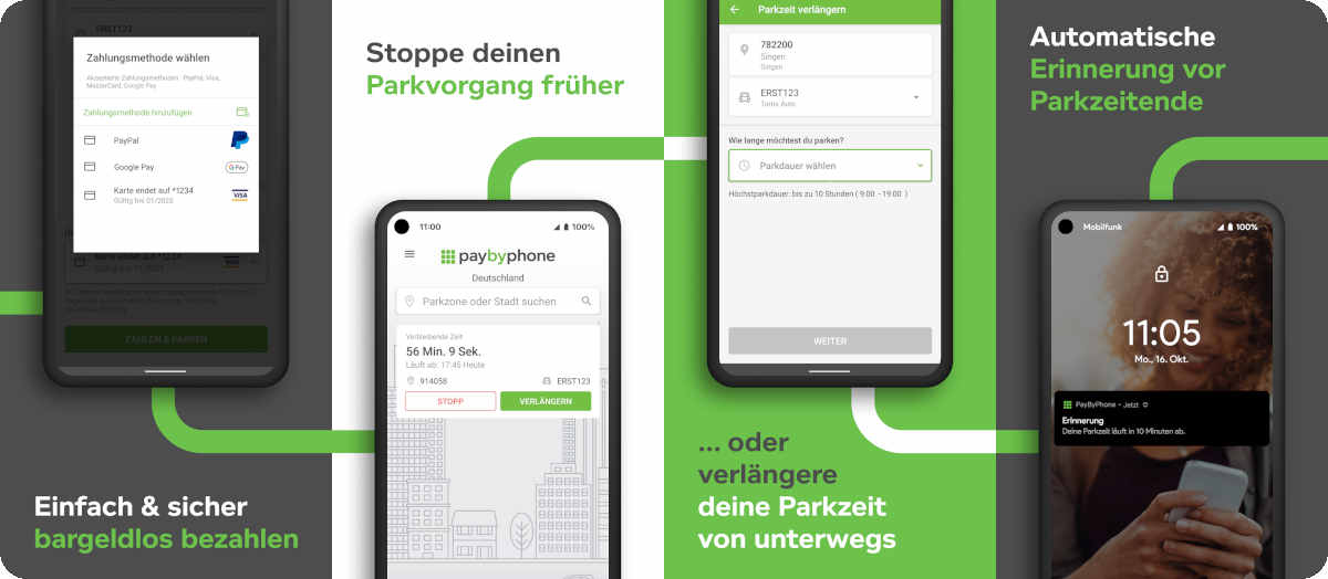 Abbildung der Nutzeroberfläche der PayByPhone App.