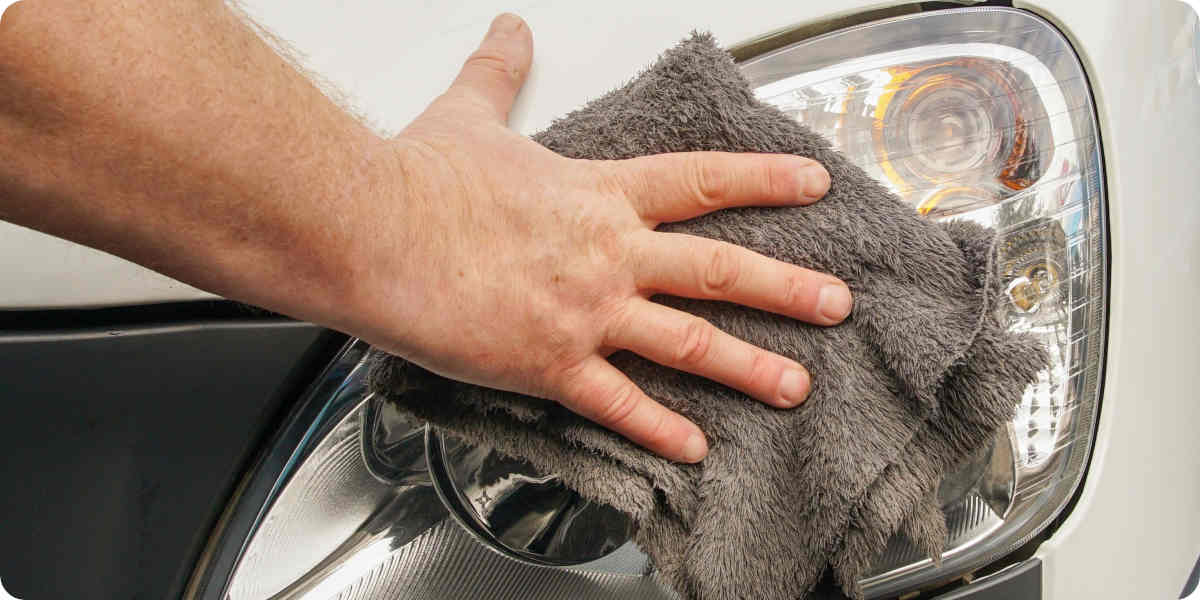 Eine Hand reinigt den Scheinwerfer für die Politur mit einem Mikrofasertuch.
