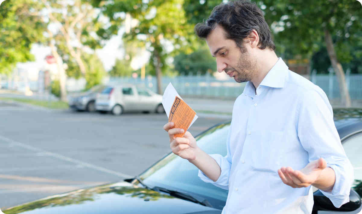 Ein Mann hällt ein Knöllchen in der Hand und ärgert sich vor seinem Auto über seinen Strafzettel.