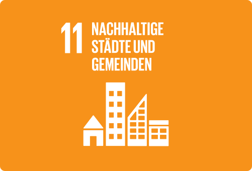 Orangene Illustration von einer Stadt mit der Aufschrift nachhaltige Städte und Gemeinden.