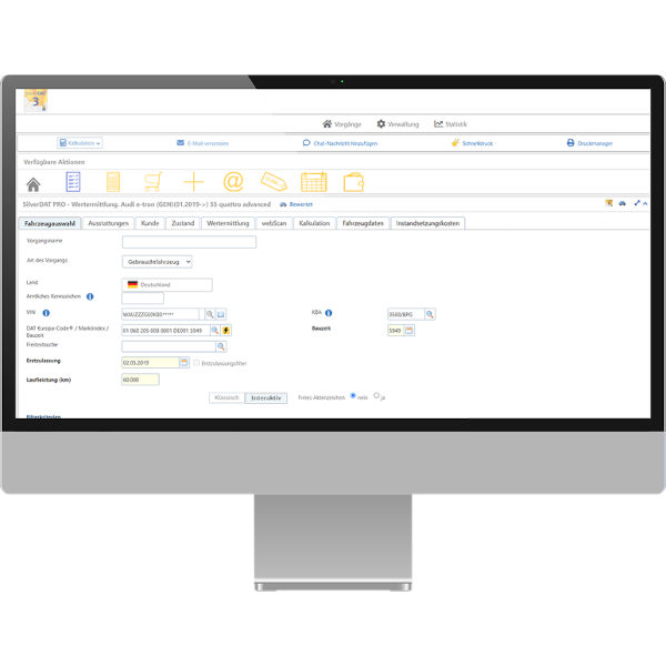 Mockup eines Monitors mit der Vorschau vom DAT Portal mit dem Reiter Fahrzeugauswahl.