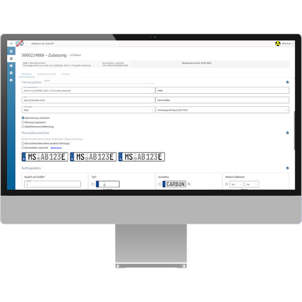 Mockup eines Monitors mit der Vorschau vom ON Portal mit den Eingabefeldern für die Fahrzeugdaten.