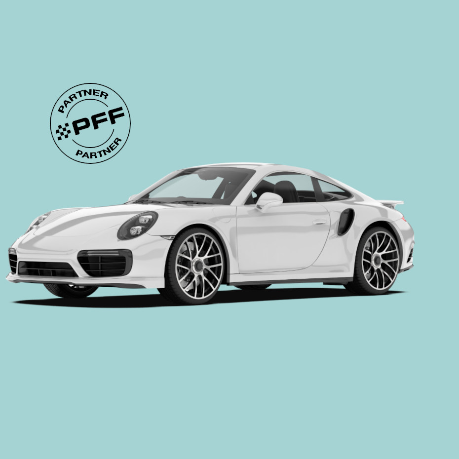 Ein weißer Porsche steht auf türkisem Hintergrund und das Logo vom Porsche Forum ist zu sehen.