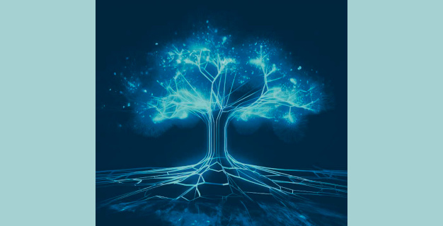 Ilustration eines blauen Baumes der aus einer Weltkugel wächst.