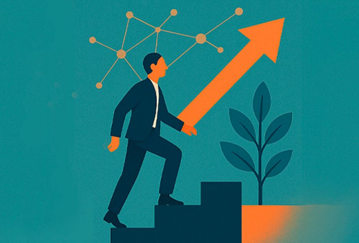 Bunte Illustration einer Person auf einer Treppe.